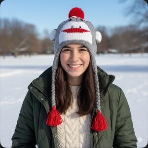 Sock Monkey Knit Trapper Beanie Braided Tassels Pom-Pom Grunge Earflap Hat Gray